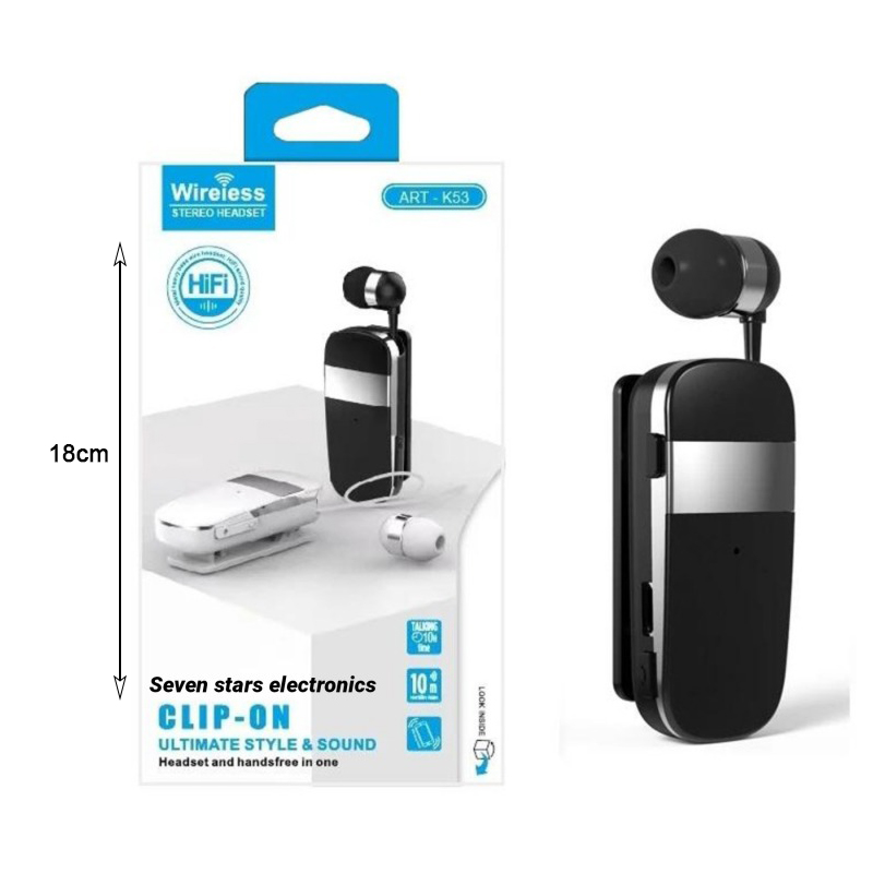 In-ear Bluetooth Handsfree Ασύρματο Ακουστικό Πέτου με Eπεκτεινόμενο Kαλώδιο K53 - Clip-on Wireless Stereo Headset